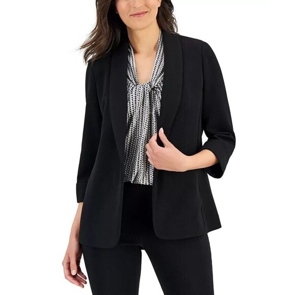 Kasper Women's Crosshatch Shawl-Collar Open-Front Jacket Work Blazer Black PS - Picture 1 of 7